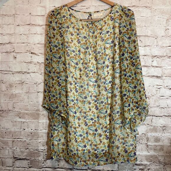 Tulle Dress Womens XS Rust & Blue Floral Long Flared Sleeve Shift Flowy - Picture 1 of 14